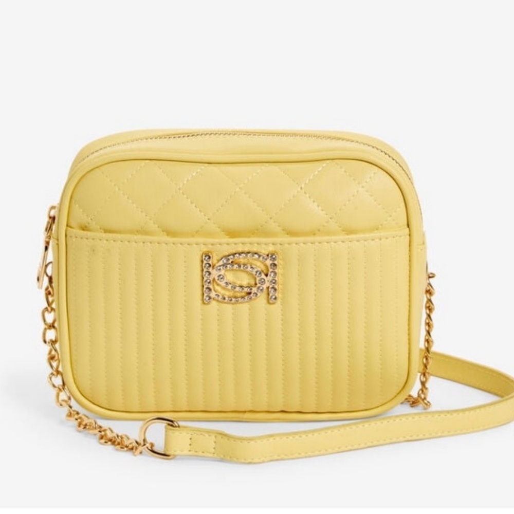 bebe Yellow Quilted Chain-Trim Crossbody Bag